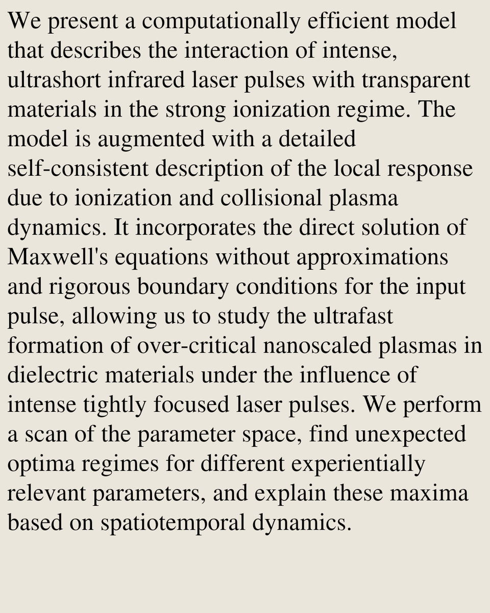 A finite-difference model for intense light interactions with dielectrics in the ultrafast ionization regime

Julia Apportin, Christian Peltz, Pavel Polynkin, Misha Ivanov, Thomas Fennel, …
arxiv.org/abs/2603.19068 [𝚙𝚑𝚢𝚜𝚒𝚌𝚜.𝚙𝚕𝚊𝚜𝚖-𝚙𝚑 𝚙𝚑𝚢𝚜𝚒𝚌𝚜.𝚘𝚙𝚝𝚒𝚌𝚜]