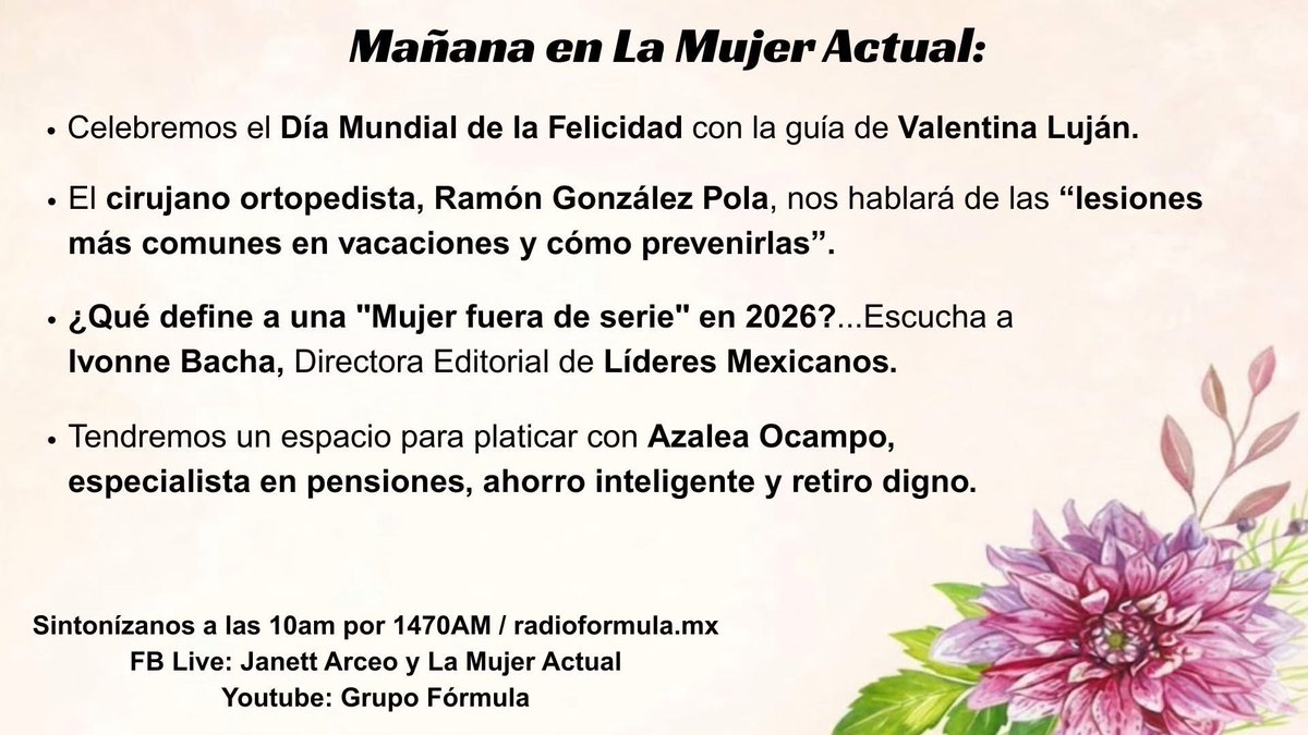 lamujeractual's tweet photo. ¡Te esperamos! #DíaMundialdelaFelicidad @valentinamenteF #Lesionesenvacaciones
#DrRamónGonzálezPola #AzaleaOcampo
#Pensiones #Ahorro #RetiroDigno
@LideresMexicano @IvonneBacha https://t.co/h5Qlank1pt