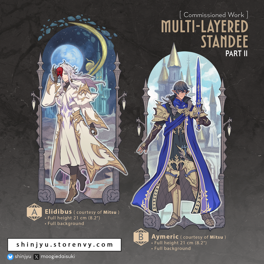 [💖🔃 appreciated] shinjyu.storenvy.com is now reopened with new stuffs and SALE!
New!🌟 Themis Holo Stickers and Elidibus Mini charm
New!🌟 Elidibus and Aymeric full layered standees (preorder)
🔔 All older goods are now restocked and ready to ship
within 7-10 days
⬇️info