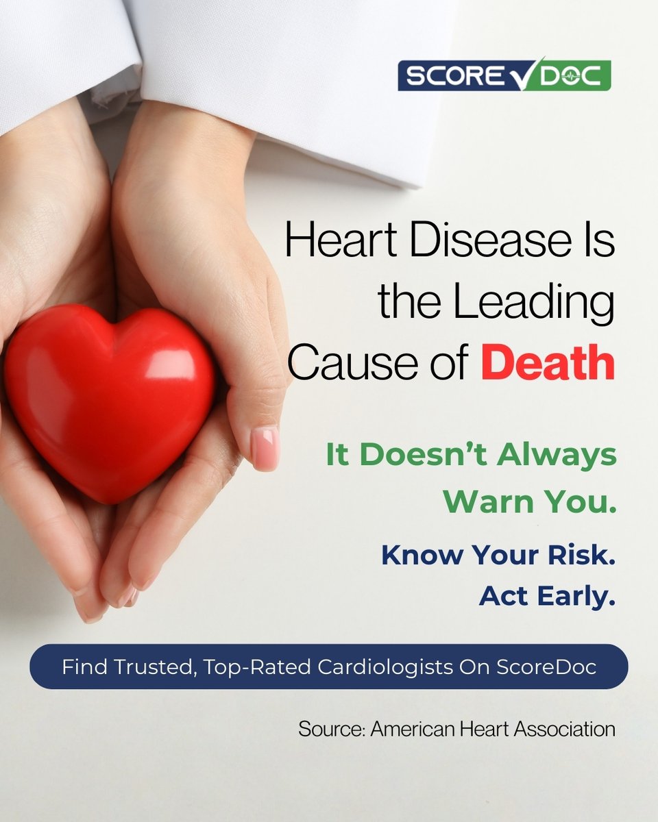 score_doc's tweet photo. Heart disease remains the leading cause of death, and key risk factors continue to rise.

Before choosing a cardiologist, compare verified patient reviews and make informed decisions with ScoreDoc.
#HeartHealth #Cardiology #PreventiveCare #HealthcareDecisions #ScoreDoc https://t.co/s3dJtA9k8S