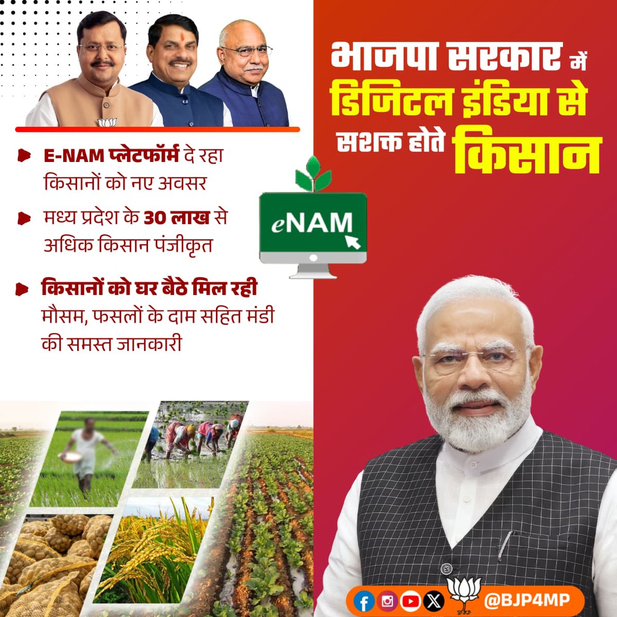 भाजपा सरकार में डिजिटल इंडिया के साथ सशक्त होते किसान। 

'E-NAM' प्लेटफॉर्म के माध्यम से मध्यप्रदेश के 30 लाख से अधिक किसानों को घर बैठे एक क्लिक से मिल रही मौसम, फसलों सहित मंडी भावों की जानकारी।
#BJP4MP