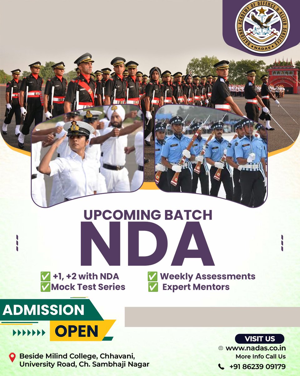 Nadas__official's tweet image. 🇮🇳 NDA साठी तयारी करायची आहे?

🎯 Allied Academy of Defence (NADAS)

✔️ +1, +2 सोबत NDA तयारी
✔️ Mock Test Series
✔️ Weekly Assessments
✔️ Expert Mentors📍 Chh. Sambhaji Nagar
📞 8623909179🚀 Admission Open!

#NDA #DefenceCareer #IndianArmy #SSB #Navy #AirForce