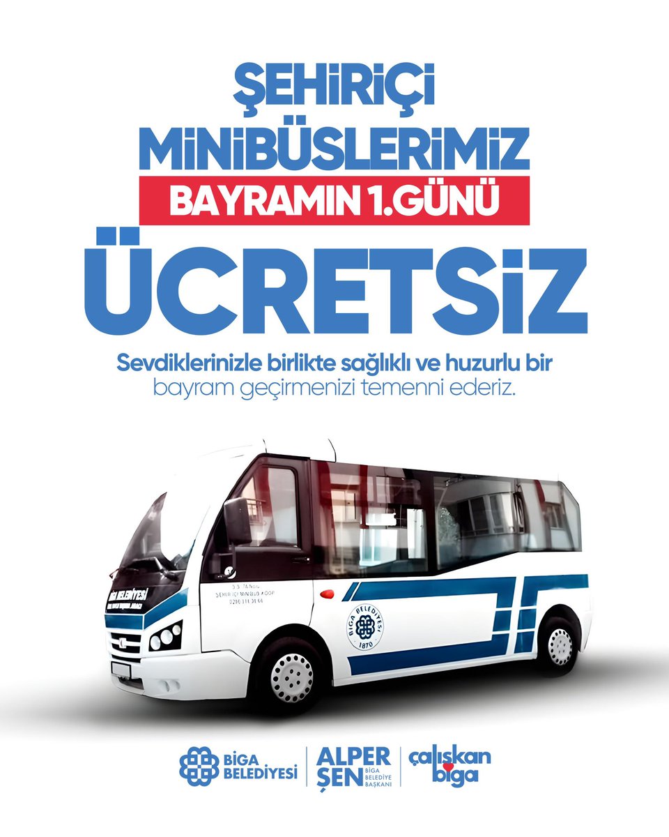 Bayramın ilk günü sevdiklerinizle daha kolay ve huzurlu bir şekilde buluşmanız için şehir içi minibüslerimiz ücretsiz hizmet verecek.

Tüm hemşehrilerimize sağlıklı, huzurlu ve mutlu bir bayram diliyoruz.

İyi bayramlar Biga.

#ÇalışkanBiga