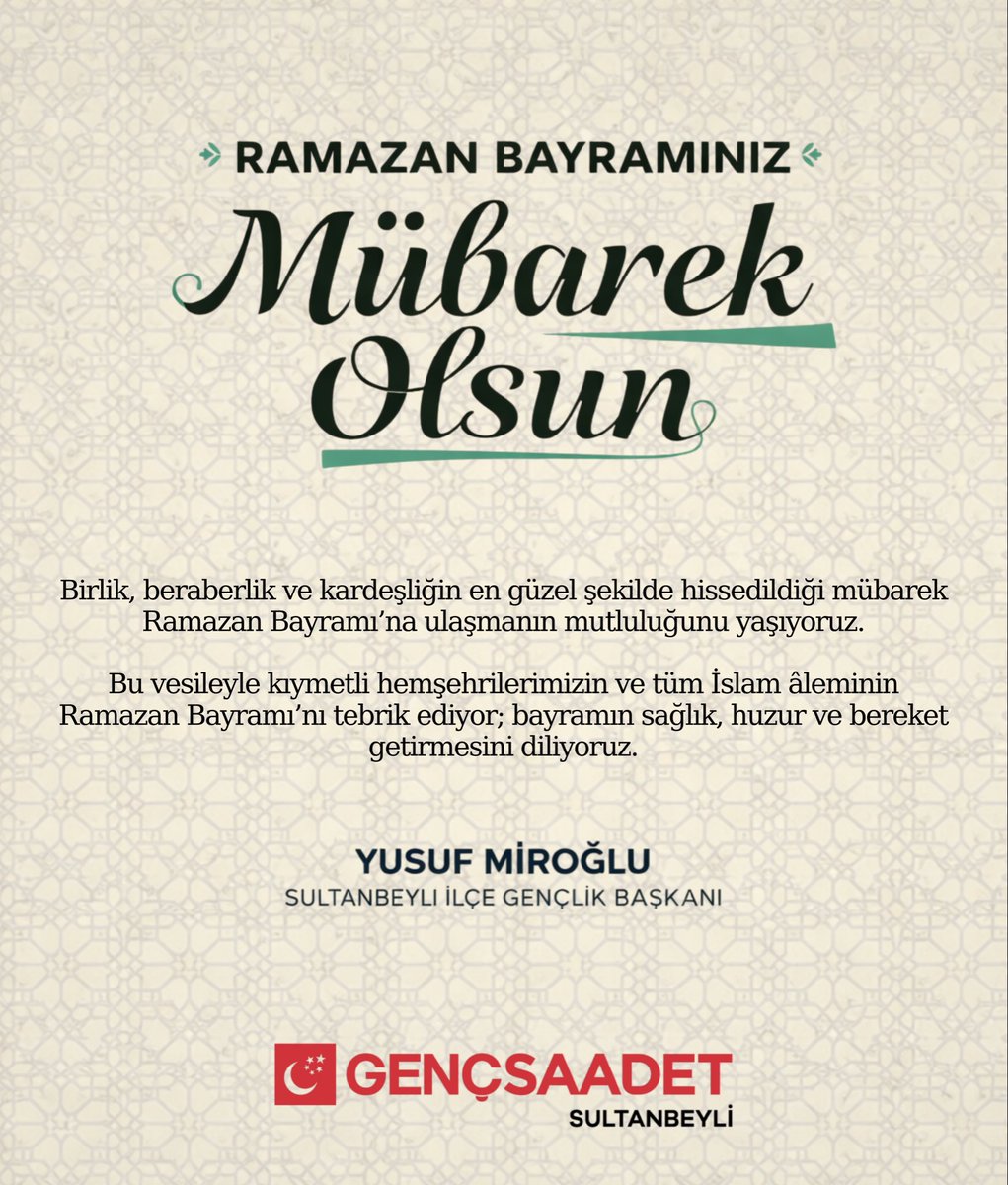 Birlik, beraberlik ve kardeşliğin en güzel şekilde hissedildiği mübarek Ramazan Bayramı’na ulaşmanın mutluluğunu yaşıyoruz.

Bu vesileyle kıymetli hemşehrilerimizin ve tüm İslam âleminin Ramazan Bayramı’nı tebrik ediyor; bayramın sağlık, huzur ve bereket getirmesini diliyoruz. 🌙