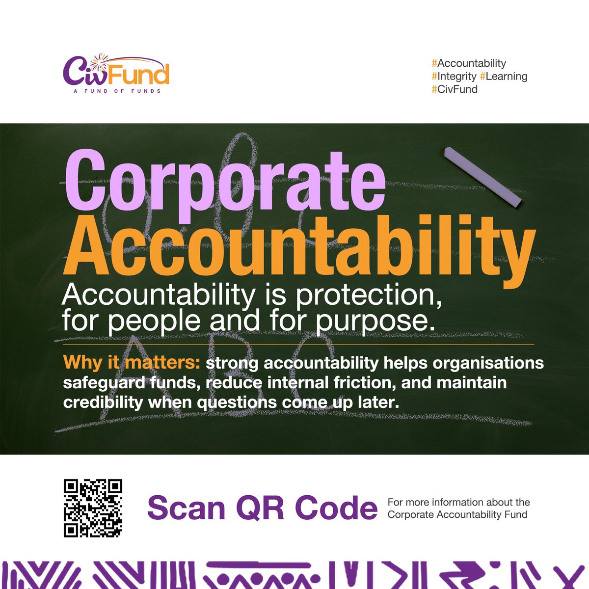 CivFund_'s tweet photo. 📋Corporate Accountability
“Accountability is protection, for people and for purpose.”

ℹ️For more information about the Corporate Accountability Fund scan QR code below on poster or visit link 🔗 : https://t.co/PGe0lx5HvJ

#Accountability #Integrity #Learning #CivFund https://t.co/R5GjCbdAMl