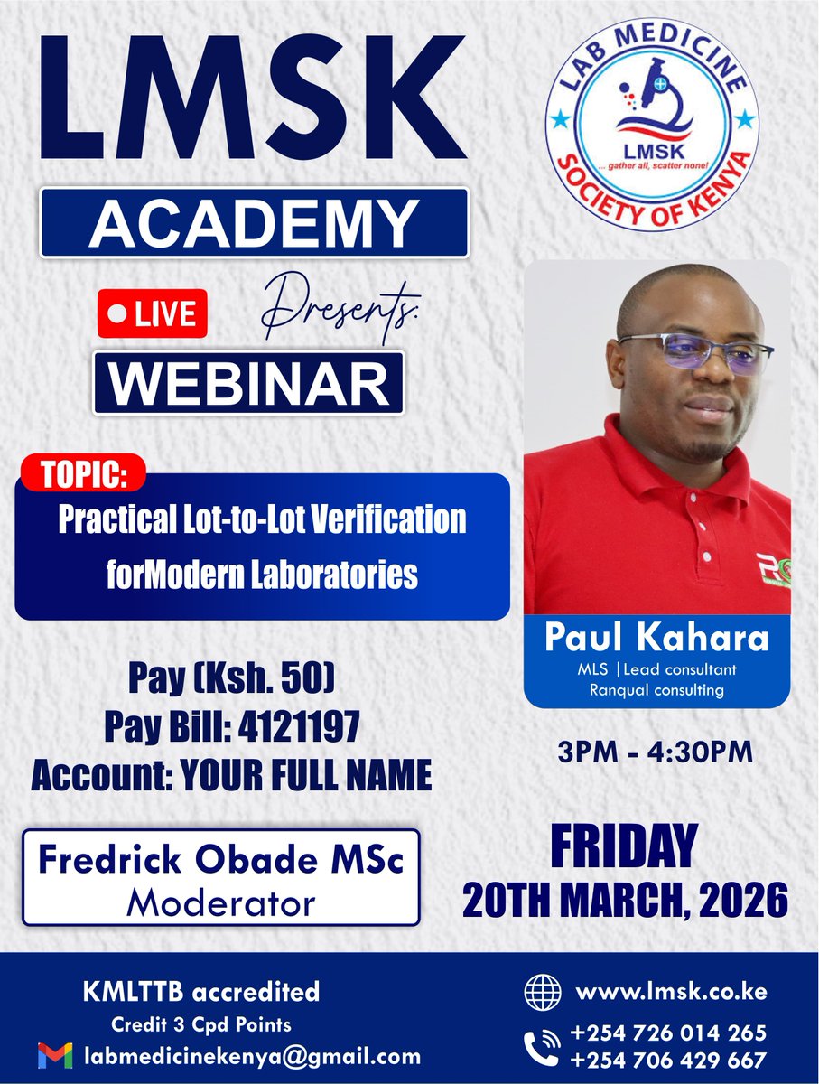 Join us today as we discuss lot-to-lot verification in medical laboratories.

3:00 - 4:30 pm EAT, courtesy of the Lab Medicine Society Of Kenya (LMSK) .

Register here: lnkd.in/dfJxqbnv

Eid Mubarak!