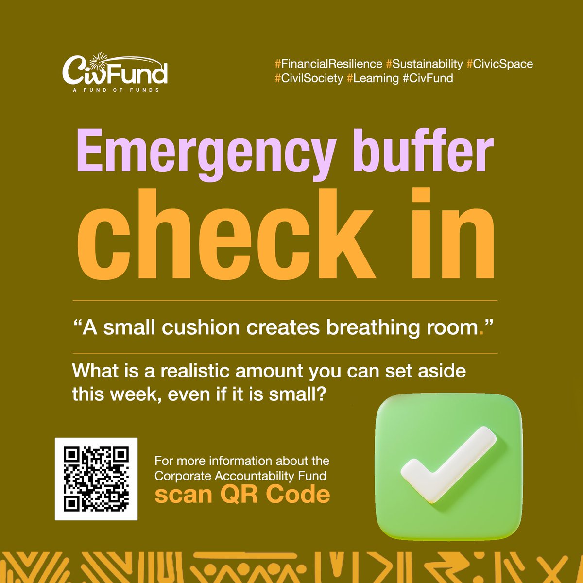CivFund_'s tweet image. ☑️Emergency buffer check in
 “A small cushion creates breathing room.”

What is a realistic amount you can set aside this week, even if it is small?⁉️

ℹ️For more information about the Resilience Fund, scan the QR code below:
🔗 civsourceafrica.com/resilience-fund

#FinancialResilience