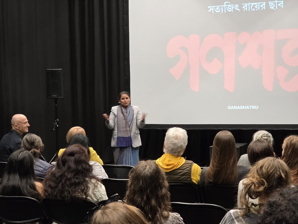 IndEmbRiga's tweet photo. It was a pleasure for @IndEmbRiga presenting a film by India’s iconic film director Satyajit Ray to the students of filmmaking of the National School of Film of Latvian Academy of Culture and to the friends of India in Latvia. 
Ambassador @Namrata_SKumar opened the screening with her remarks on Ray, his contributions to Indian cinema and influence on the world cinema. 
Thanks to @NFAIOfficial for providing the film Ganashatru; to the Latvian Academy of Culture for hosting the screening and to the creative director of Film School Mr. Janis Putninjs for an insightful master class on Ray, his life, his cinematic style and his films. 

We look forward towards our continued  cooperation for strengthening 🇮🇳🇱🇻 ties further. 

@MEAIndia @IndianDiplomacy @MIB_India @nfdcindia @filmbazaarindia