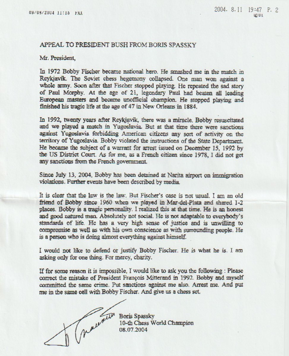 Chess_1946_1993's tweet photo. Appeal to President Bush from Boris Spassky.

https://t.co/qgyfKawgqC 

#chess #Ajedrez #scacchi #schach #echecs #xadrez https://t.co/E6ZdaEKOAh
