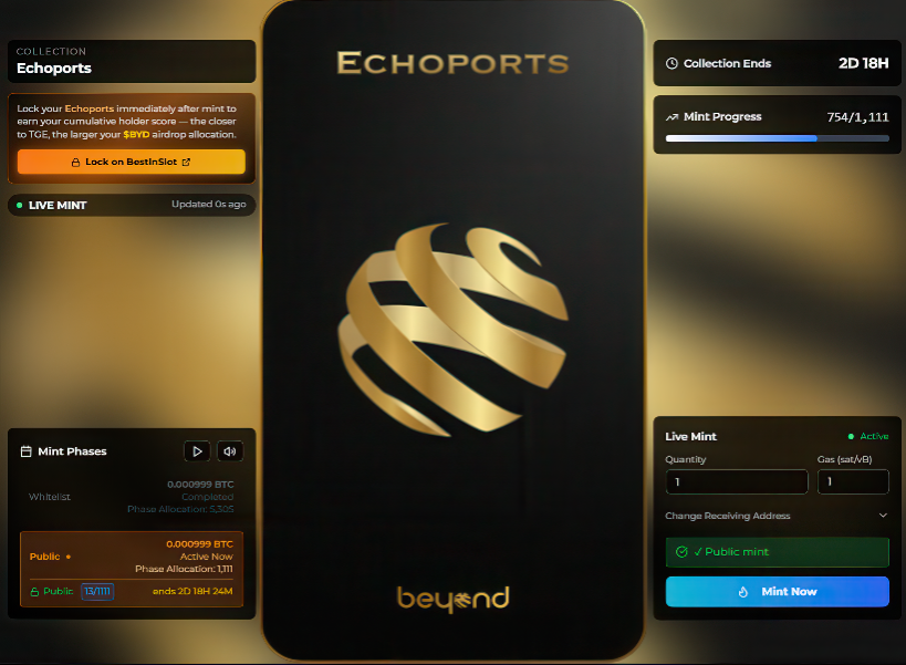 Cryptking_1's tweet photo. 🚨     Echoports Update: 2D 18H.

2 days and 18 hours left until the @beyond__tech ordinals launch.

Beyond is building the first true interoperability layer designed for Bitcoin and rooted in Bitcoin.

The vision is a connected ecosystem where Bitcoin becomes the anchor instead of sitting on the sidelines.

Echoports are the official ordinal collection for that ecosystem.

They offer privileged access to what Beyond is building next.

Echoports are collectibles, but they also represent ownership rights tied to the future of the protocol.

Dive in for yourself:
https://t.co/7w9PQi8161