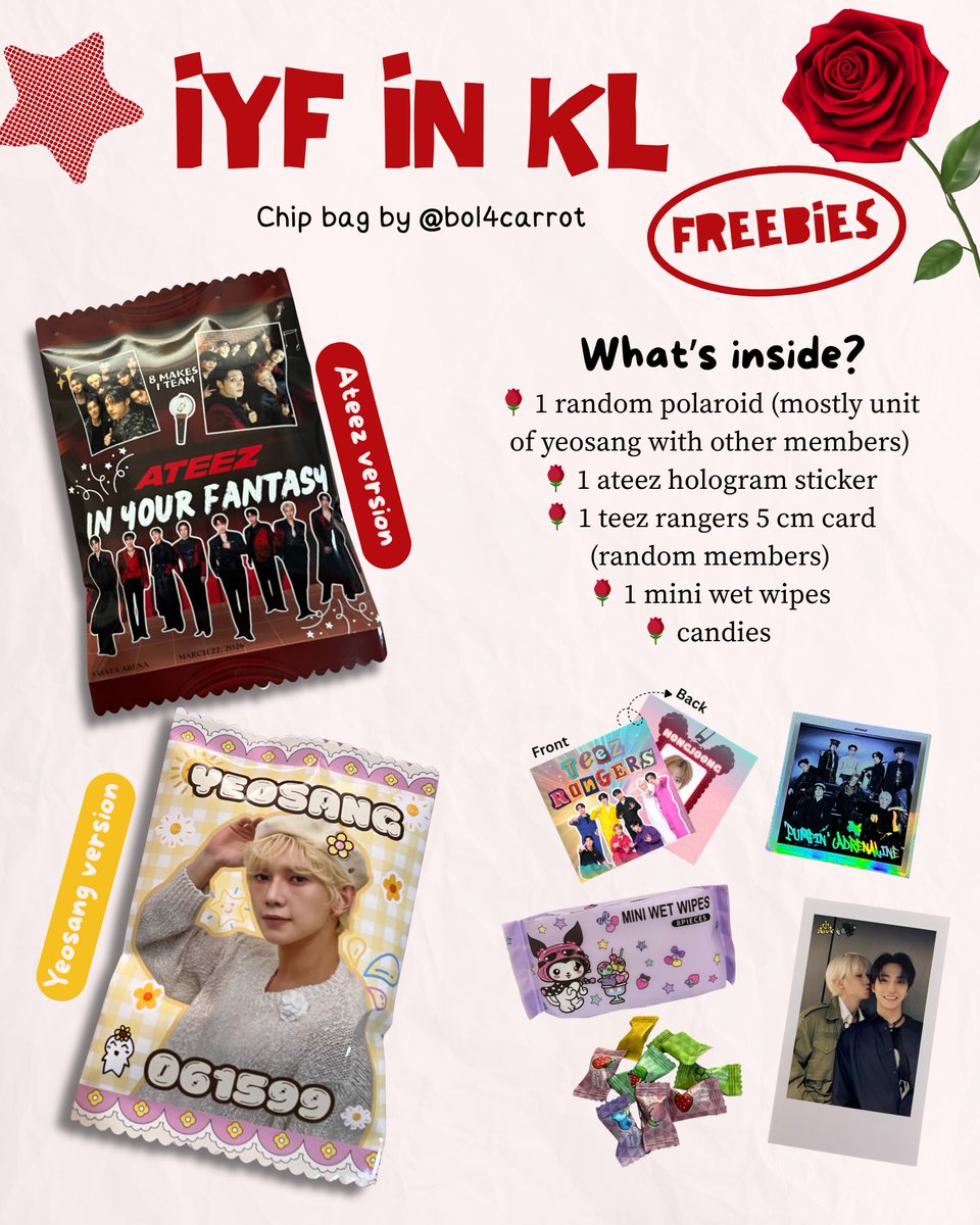 bol4carrot's tweet photo. ATEEZ IYF IN KL FREEBIES!🌹

How to get?
🌼 just come and say hi
🌼 if you are a yeodoongies, just tell me if you want yeosang ver.
🌼 FCFS, limited to 100pcs only
🌼 Dm to trade (but very limited)

❌ Do not throw my freebies
❌ Ys hater go away

#ATEEZinKL #IYFinKL #ATEEZ https://t.co/Iznc17jAxO
