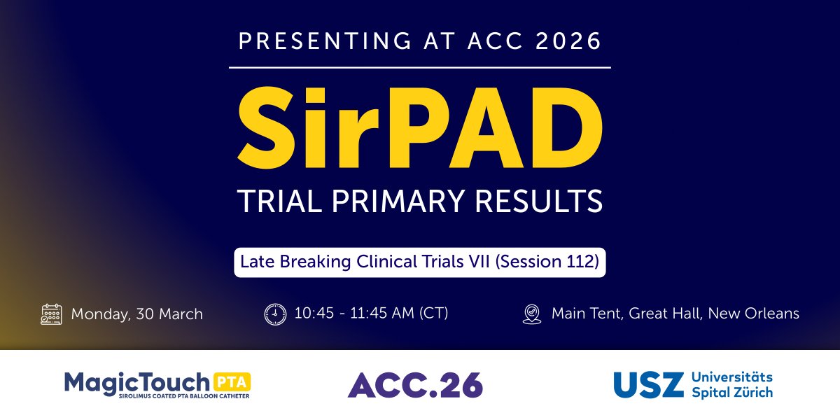 conceptmedicals's tweet photo. Defining moment in PAD therapy.
#SirPAD primary results at #ACC2026 (Mar 30) largest RCT (1250+ pts) comparing sirolimus-coated vs. uncoated balloons.
๐จโโ๏ธ Prof. Stefano Barco | @Unispital_USZ
#MagicTouchPTA #ClinicalTrials #Endovascular #DrugCoatedBalloon https://t.co/B5uARFJs20
