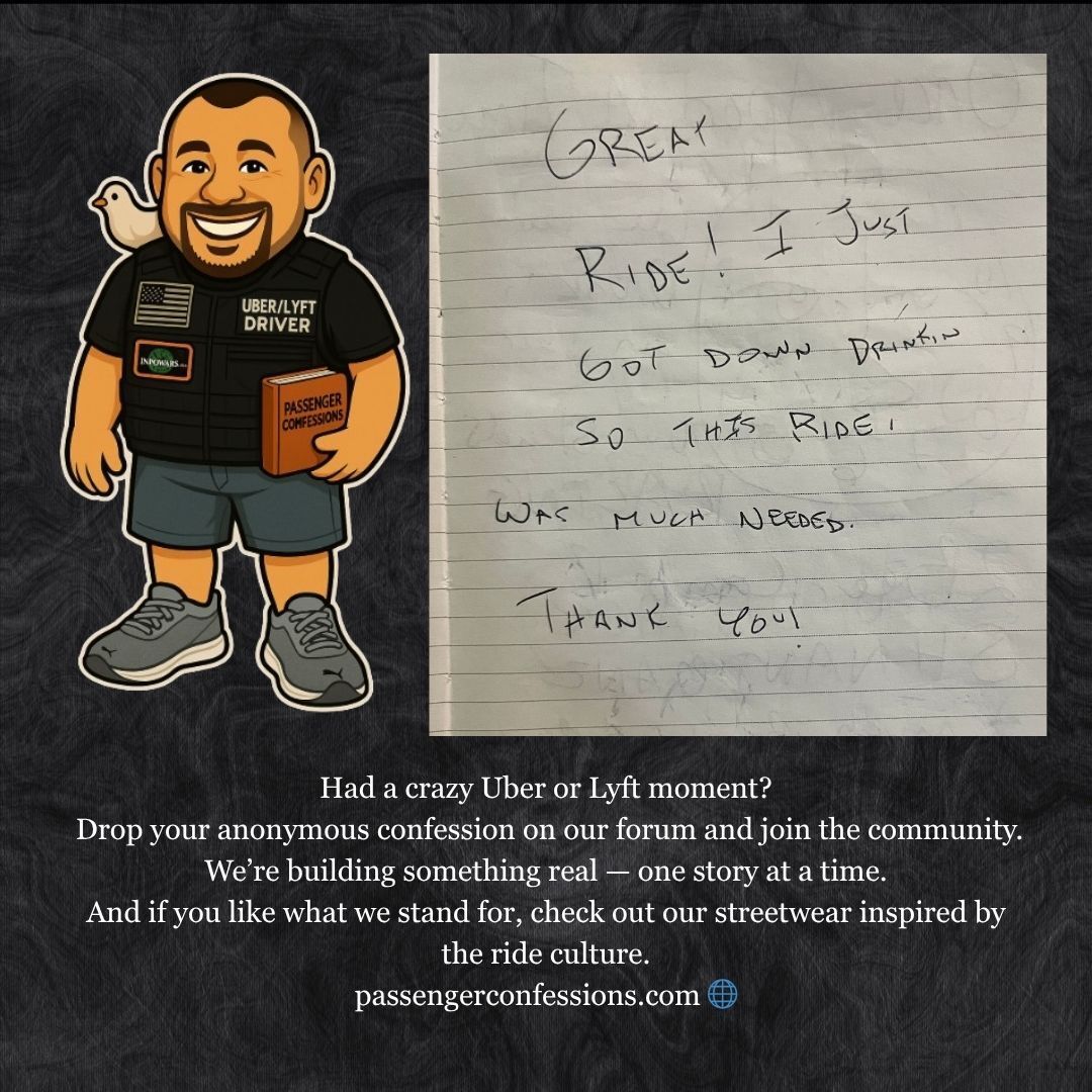 PassengerConfes's tweet photo. "I just got drunk. Thank you." 🍻 Sometimes, honesty is the best policy—and a safe ride home is the best service.

Got a backseat story you’ve never told anyone? Spill the tea (anonymously) here: [Link]

#PassengerConfessions #Uber #Lyft #SafeRide #NightOut https://t.co/3yOk5x6YE7