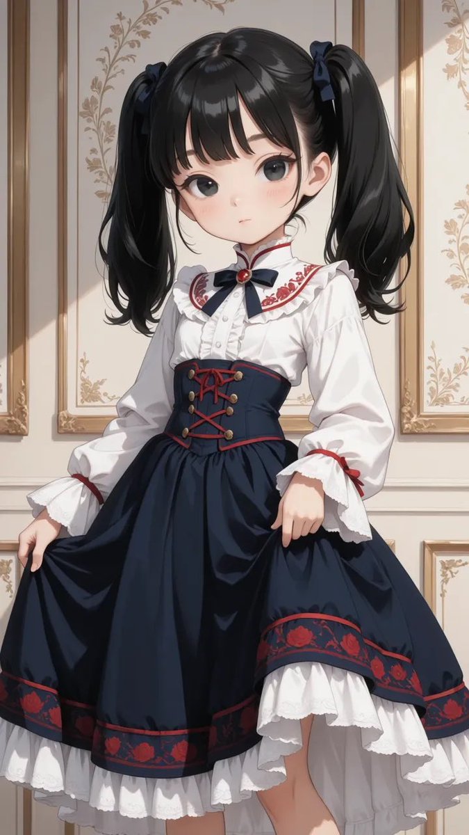 AliceLavli's tweet photo. 衣装プロンプトどうぞ✨
european style layered dress, cream long sleeve blouse with wide sleeves and soft fabric, subtle embroidery detail, high collar, worn under a fitted navy corset bodice, front hook closures, red piping trim, structured waist, western dress silhouette, layered skirt with volume, navy overskirt with multiple ruffles and frills, red trim accents, inner skirt with intricate decorative pattern in gold red navy beige, tapestry fabric, long skirt, elegant vintage fashion, clear blouse bodice skirt separation, no kimono, no asian clothing, detailed stitching, natural fabric folds