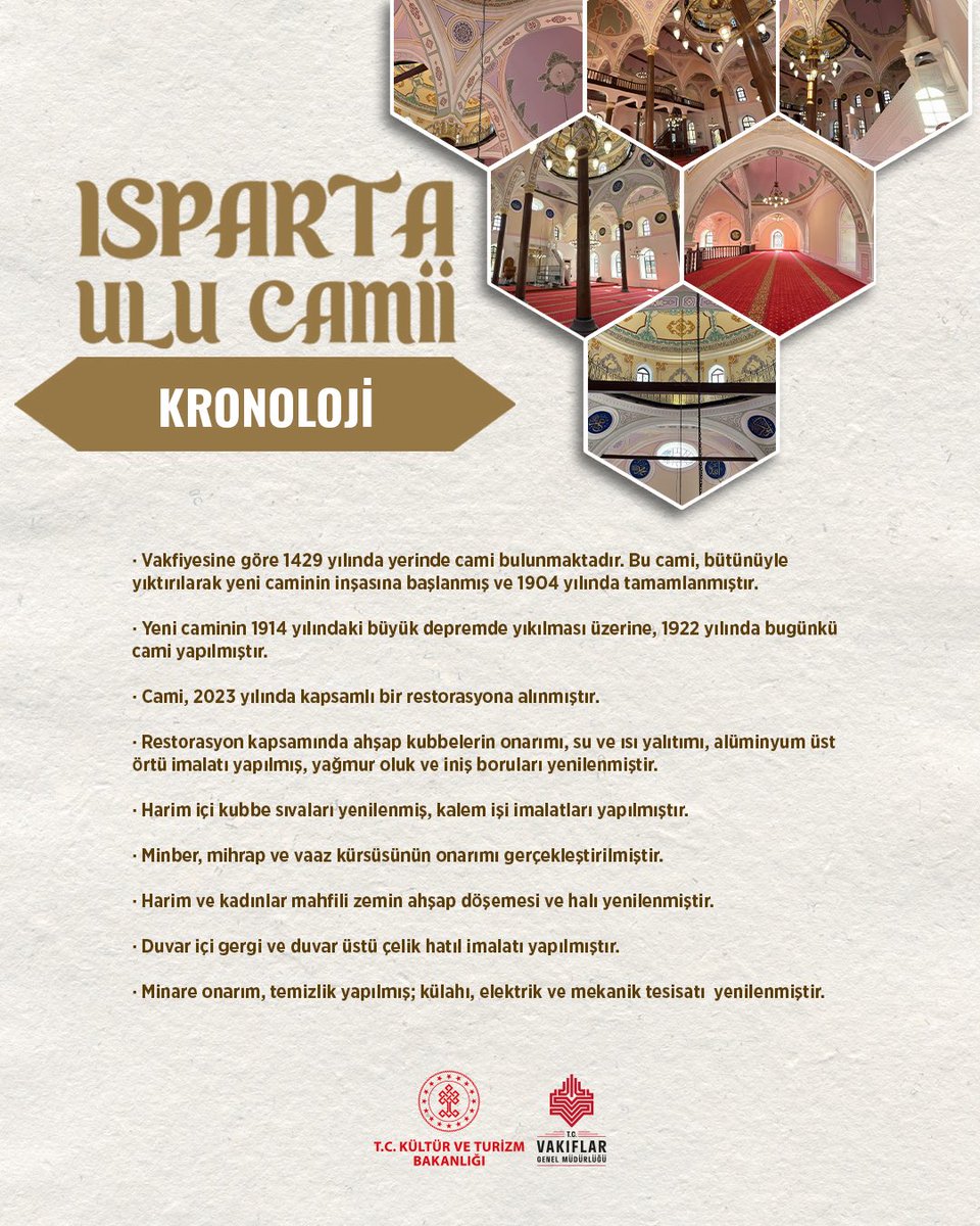 Sürdürülen kapsamlı restorasyon çalışmalarının tamamlanmasıyla ayağa kaldırılan Isparta Ulu Camii, kılınan bayram namazıyla yeniden cemaatiyle buluştu.

@tckulturturizm 

#VakıfEseri #IspartaUluCamii