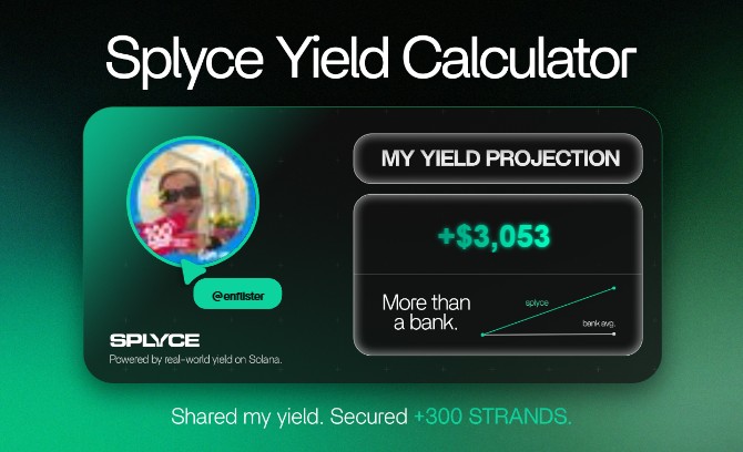 enflister's tweet photo. Just tested the real-world yield calculator from @SplyceFi.

My numbers came out +2,928.23% higher than leaving it in a bank.

Check yours: https://t.co/pDqCBo6AnB https://t.co/r71gsDGWn5