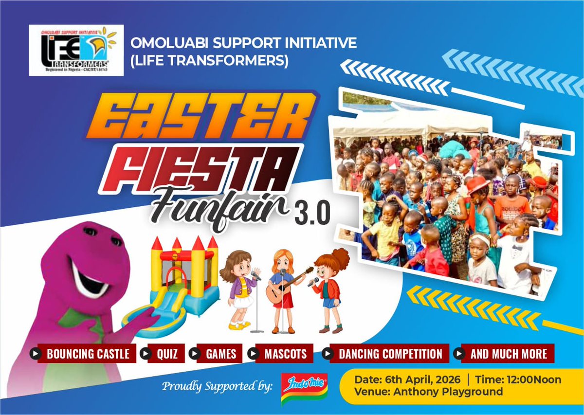 OmoluabiLife's tweet photo. This year's Easter Fiesta Funfair Children's Party comes up on the 6th of April, 2026 by 12 Noon at Anthony Village Playground. 

Let's all support this great cause. Call any of these numbers for more information...
07032224464
08034812747
08021316889 https://t.co/qKXe1LPXMd