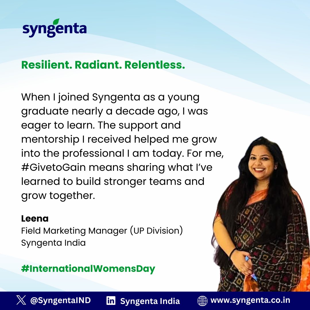 SyngentaIND's tweet photo. This #InternationalWomensDay, we celebrate Leena, Field Marketing Manager, UP Division.

From joining as a young graduate to growing into a confident professional, her journey reflects the power of mentorship, teamwork and the spirit of #GivetoGain.

Radiant. Loyal. Self-driven. https://t.co/gT1oI5v2Cy