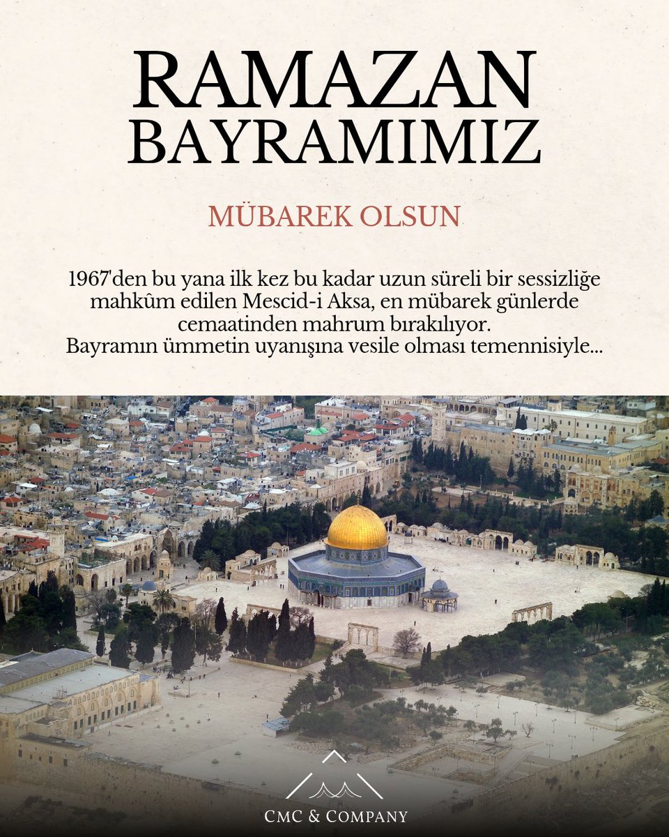 MuratFatihInan's tweet photo. 1967'den bu yana ilk kez bu kadar uzun süreli bir sessizliğe mahkûm edilen Mescid-i Aksa, en mübarek günlerde cemaatinden mahrum bırakılıyor.
Bayramın ümmetin uyanışına vesile olması temennisiyle...
Ramazan Bayramımız Mübarek Olsun. https://t.co/8lF7cRnwf3