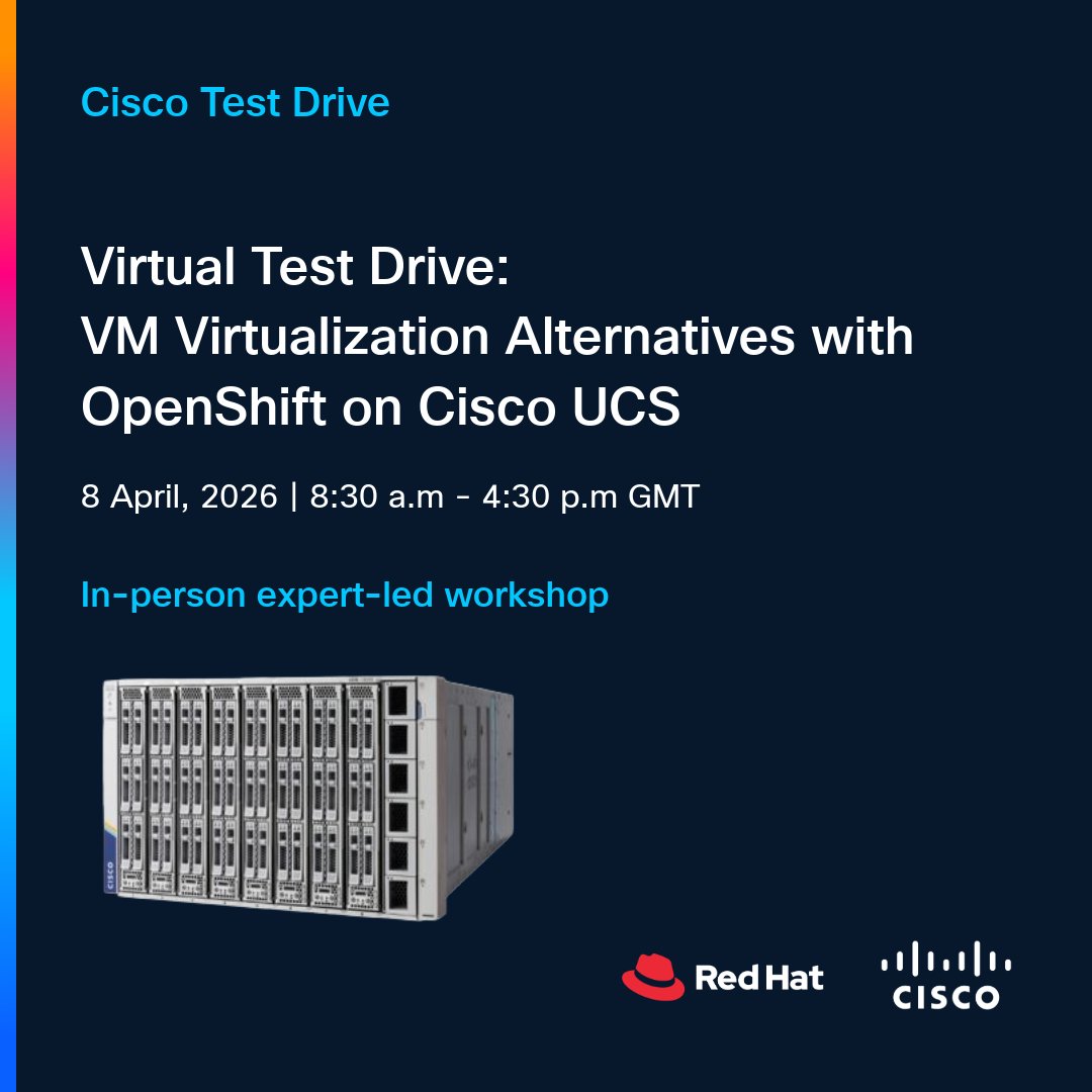 chiddoo's tweet photo. Join our in-person expert-led workshop around VM Virtualization Alternatives with OpenShift on Cisco UCS
Location: Virtual via Webex
8 April
09:30 – 17:30 GMT+1

Find out more here

https://t.co/F6liCSfxoX https://t.co/aUNXAORRjm