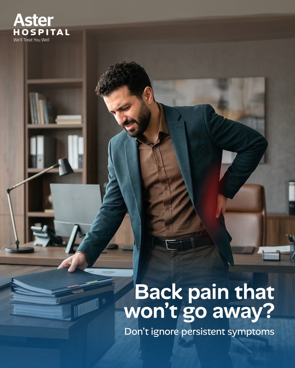 aster_hospital's tweet image. Persistent back pain isn’t normal. Recurring symptoms may signal spine or nerve issues needing expert care. Early diagnosis leads to better treatment and long-term relief. Consult our specialists today.

#BackPain #SpineHealth #PainManagement #AsterHospitals
