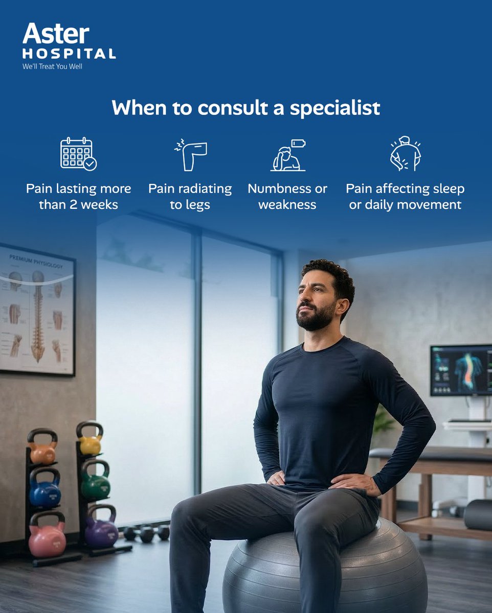 aster_hospital's tweet image. Persistent back pain isn’t normal. Recurring symptoms may signal spine or nerve issues needing expert care. Early diagnosis leads to better treatment and long-term relief. Consult our specialists today.

#BackPain #SpineHealth #PainManagement #AsterHospitals