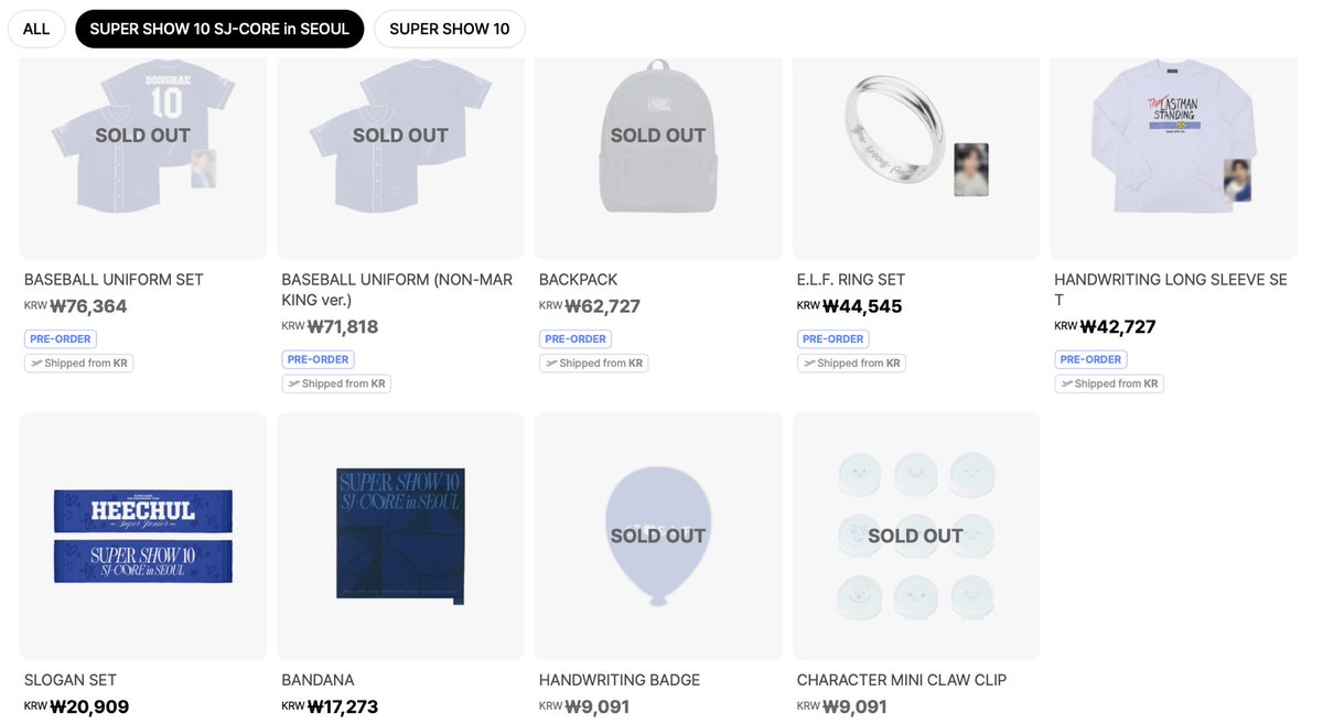 Sold out in less than 4 mins
ELFs are rich

Baseball uniform (both versions)
Backpack
Handwriting Badge
Character mini claw clip

#슈퍼주니어 #SUPERJUNIOR