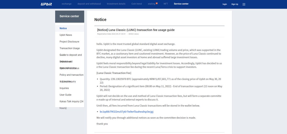 Day 73. Dear <a href="/upbitglobal/">Upbit Global</a> back in 2022 when LUNC (formerly LUNA) crashed you had 239 BTC in your reserve and said you will form a committee to discuss how the BTC will used to support the LUNC revival. Can you please share an update regarding it. HELP <a href="/cz_binance/">CZ 🔶 BNB</a> <a href="/_RichardTeng/">Richard Teng</a>