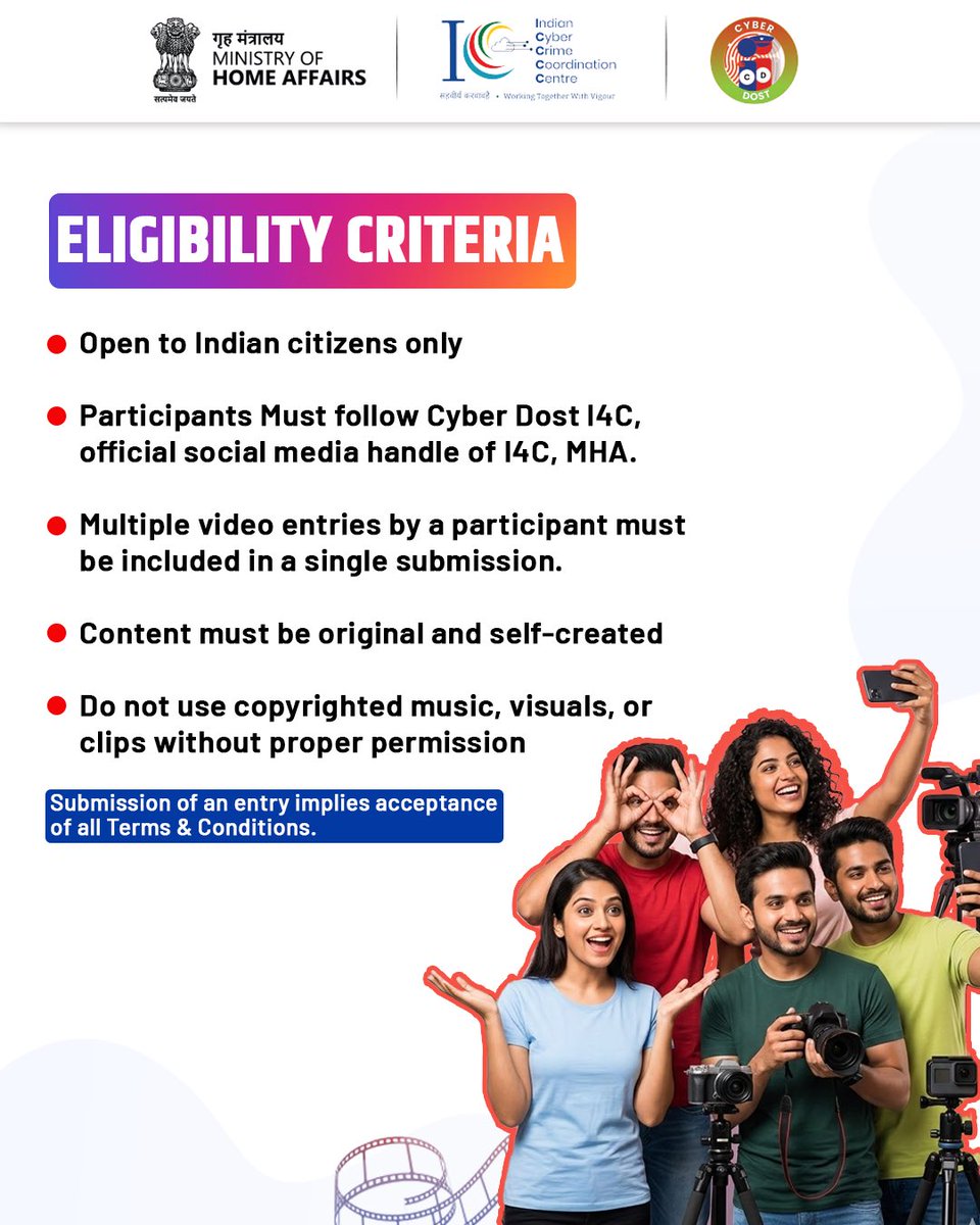UnivofDelhi's tweet image. Contest Alert: National Cyber Awareness Content Creation Challenge! 

The Indian Cyber Crime Coordination Centre, Ministry of Home Affairs, invites you to create impactful awareness content 

Participate Now:  forms.gle/stjnzufyTxznaB… #ContestAlert #CreatorsAgainstCyberCrime