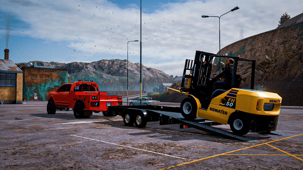 International WorkStar and using my red bullhorn/RAM to move the forklift to another site. #fs25