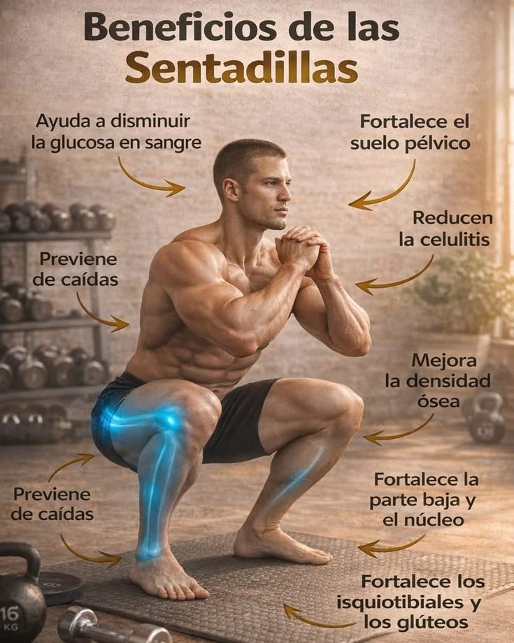 Beneficios de las Sentadillas

- Ayuda a disminuir la glucosa en sangre

- Previene de caídas

- Previene de caídas

- Fortalece el suelo pélvico

- Reducen la celulitis

- Mejora la densidad ósea

- Fortalece la parte baja y el núcleo

- Fortalece los isquiotibiales y los