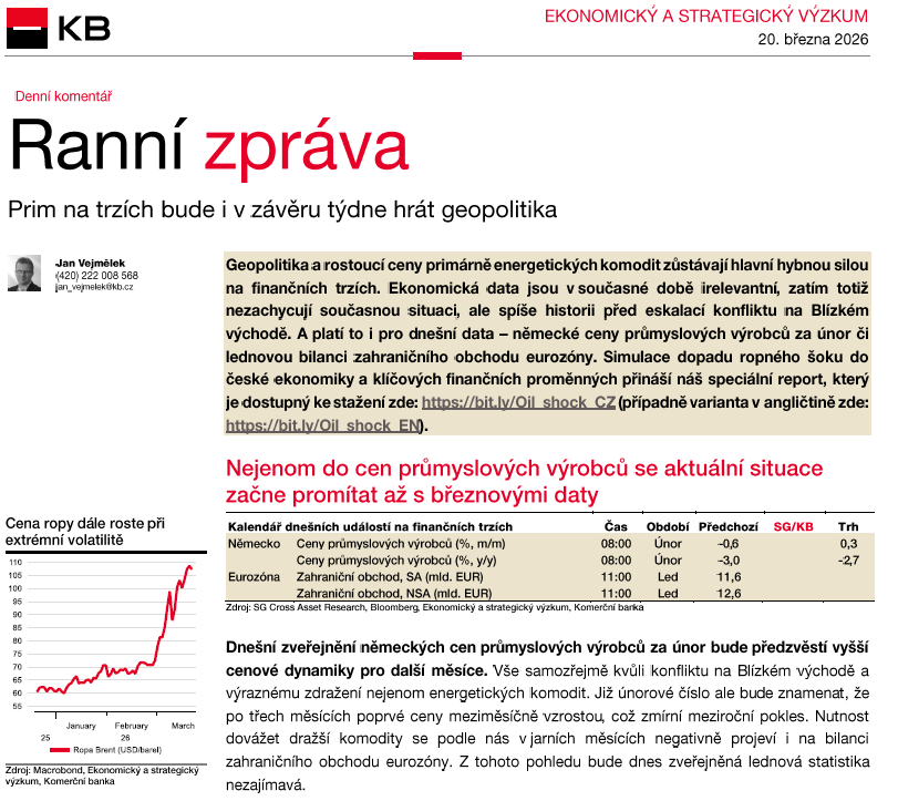 Z pohledu ekonomického kalendáře bude dnešek pro hráče na finančních trzích nezajímavý. Prim bude opět hrát ekonomika. Z tohoto pohledu podle nás v <a href="/komercka/">Komerčka</a> vypadá dnešní ráno lépe. Více v #KBranní zde bit.ly/3NEAthA.