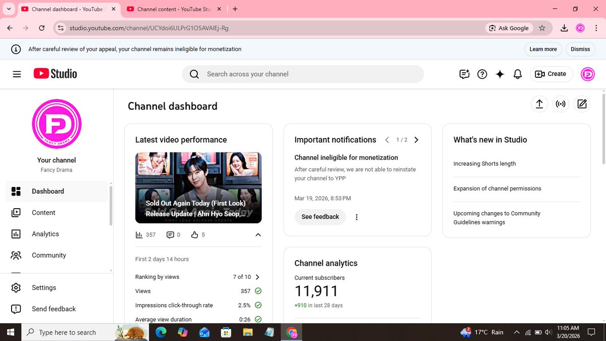 FancyDramas's tweet photo. Hello @YouTube Team, My YouTube channel got demonetized due to inauthentic content. I appealed but without changing/watching my appeal video, my appeal rejected.

Our content is original and based on Korean Dramas update and news.

Please Check/Review my channel.

Thank You https://t.co/7D2bZqe9YX