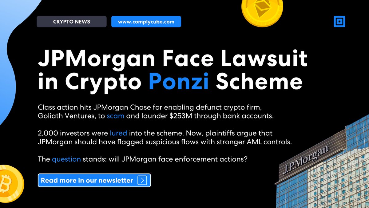 ComplyCube's tweet photo. 🚀 The March edition of CryptoCubed is here.

Get your latest crypto news this month.👇

𝐇𝐞𝐫𝐞 𝐚𝐫𝐞 𝐲𝐨𝐮𝐫 𝐡𝐞𝐚𝐝𝐥𝐢𝐧𝐞𝐬:

🇺🇸 JPMorgan Faces Lawsuit in Crypto Ponzi Scheme

🇨🇦 FINTRAC Revokes 23 Crypto Licenses

🇯🇵 Japan Triples Prison Terms for Crypto Sales Scams

🇰🇷 Bithumb Hit With Massive $25M Fine, Whose Next?

🇺🇸 US SEC Classifies ALL Crypto Tokens in New Guidance

🔗 Read the full news here: https://t.co/EMg66ODQPj

#CryptoCurrency #RegTech #AML #CryptoScams