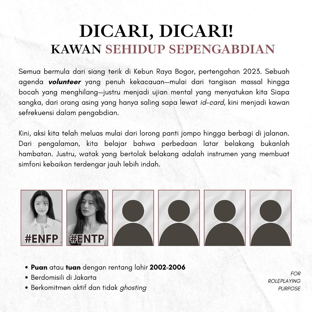 ᅠ
ᅠ
ᅠ
*• RTs are appreciated!

𝗦𝗘𝗗𝗔𝗡𝗚 𝗠𝗘𝗡𝗖𝗔𝗥𝗜.
4 Orang tuan dan puan untuk melengkapi relasi sekawan yang masih rumpang! Detail dan alur cerita terlampir. Mohon hubungi Tasha jika tertarik untuk diskusi.
ᅠ
ᅠ
ᅠ