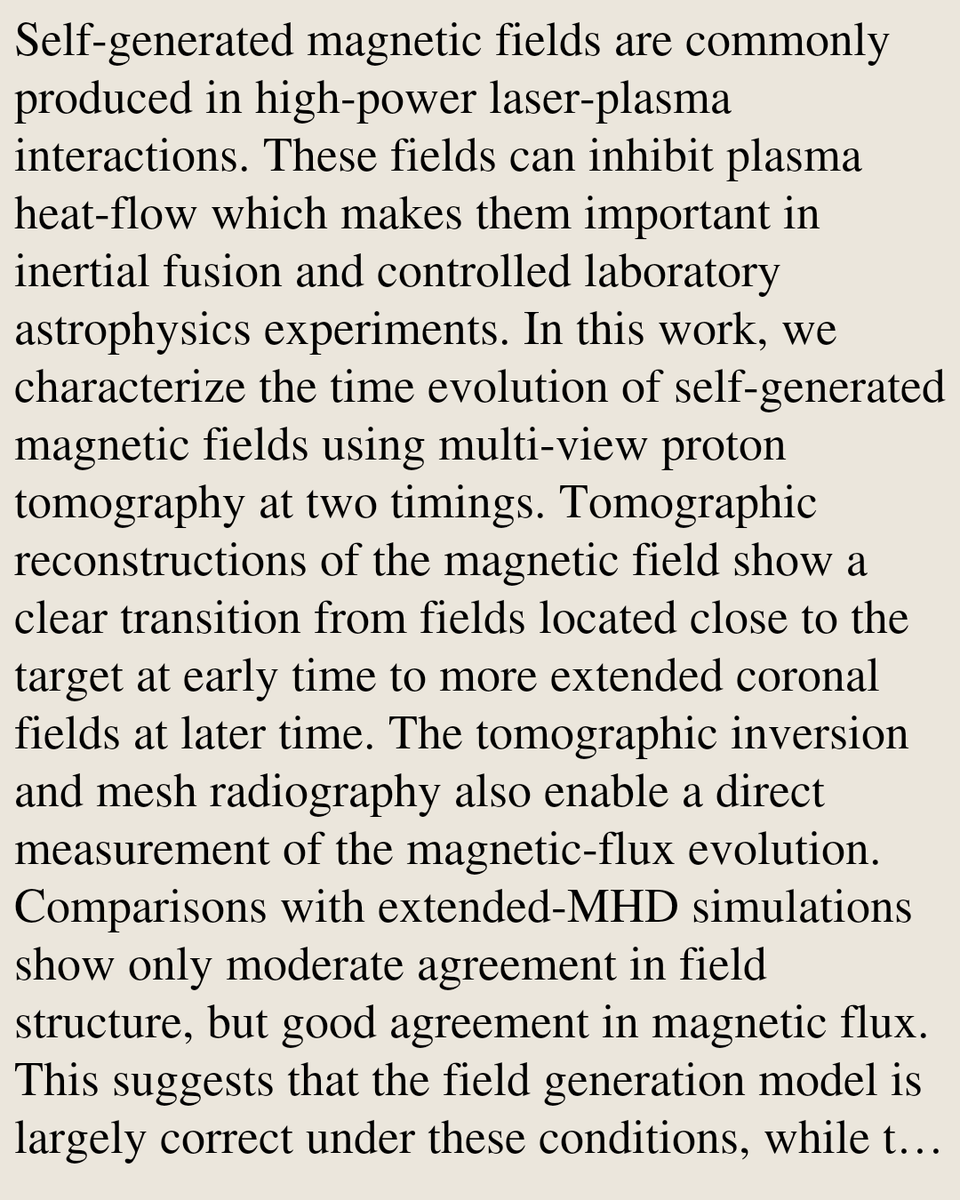 Evolution of laser-driven magnetic fields from proton tomography

J. Griff-McMahon, V. Valenzuela-Villaseca, C. A. Walsh, S. Malko, B. McCluskey, K. Lezhnin, H. Landsberger, L. Berzak Hopkins, G. Fiksel, M. J. Rosenberg, …
arxiv.org/abs/2603.18931 [𝚙𝚑𝚢𝚜𝚒𝚌𝚜.𝚙𝚕𝚊𝚜𝚖-𝚙𝚑]