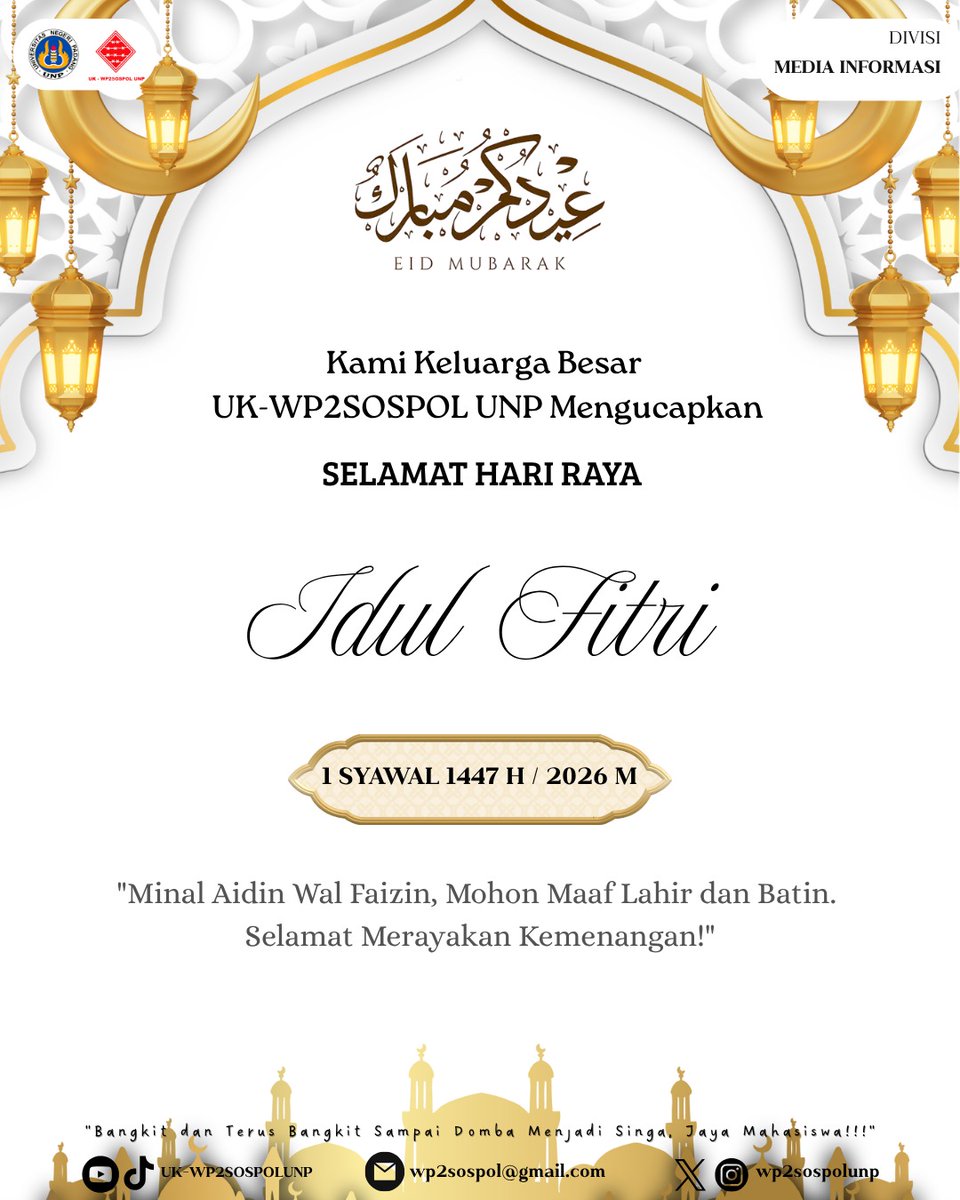 wp2sospolunp's tweet photo. [SELAMAT HARI RAYA IDUL FITRI 1447 H/2026 M]

Minal aidin wal faizin, mohon maaf lahir dan bathin 

Semoga hari yang suci ini membawa keberkahan, kebahagiaan, dan hati yang kembali bersih 🤍 https://t.co/Yc1peUE4R9