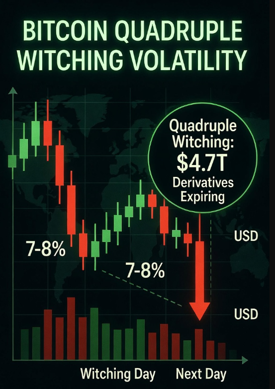 NeutralViewLab's tweet photo. 🚨QUADRUPLE WITCHING ALERT ⚡
$4.7 TRILLION in derivatives expiring TODAY — only happens 4x a year.
History shows a pattern:
In 3 of the last 4 events → $BTC dropped 7–8% right before… then bounced hard.
Volatility is loading. Dip buyers on standby? 👀
#Bitcoin #QuadWitching