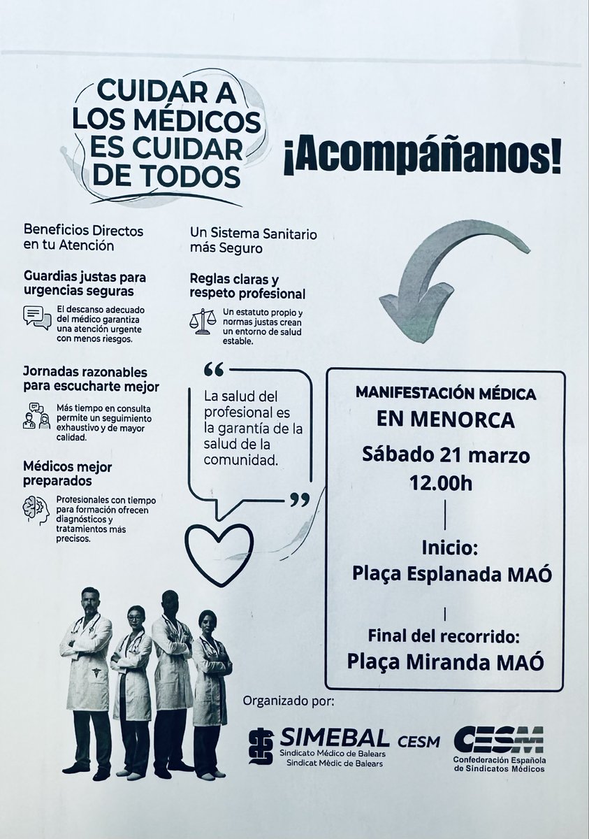Elesfenoides's tweet photo. 21-03-2026 12:00 #manifestación #médicos de #menorca por las calles de #mahón X los #pacientes #sanidadpúblicadecalidad 
#condicioneslaboralesdignas #noalasguardiasde24horas  y un #estatutomarcopropio Acompáñanos #realidadlaboralmédica 
@SimebalCesm @IB3noticies @esdiarimenorca https://t.co/PZkKLHbhWu