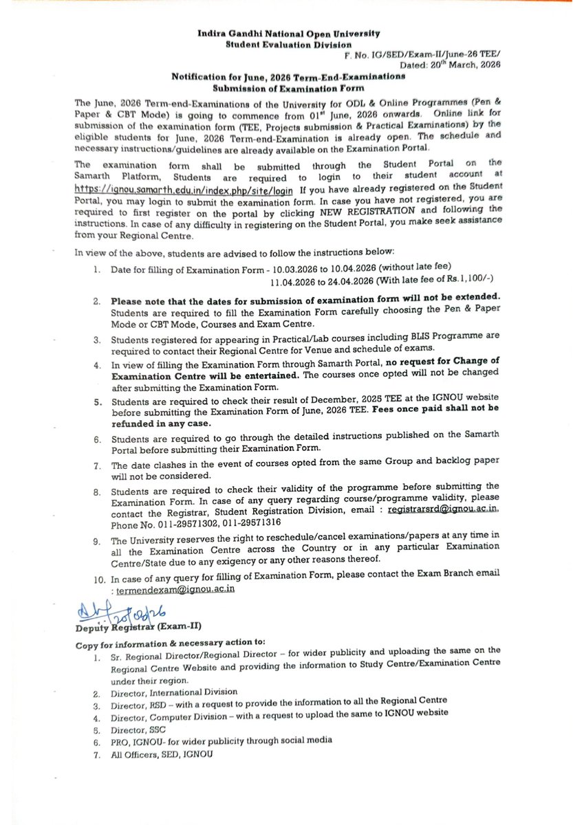 Revise Notification for June 2026 Term End Examination