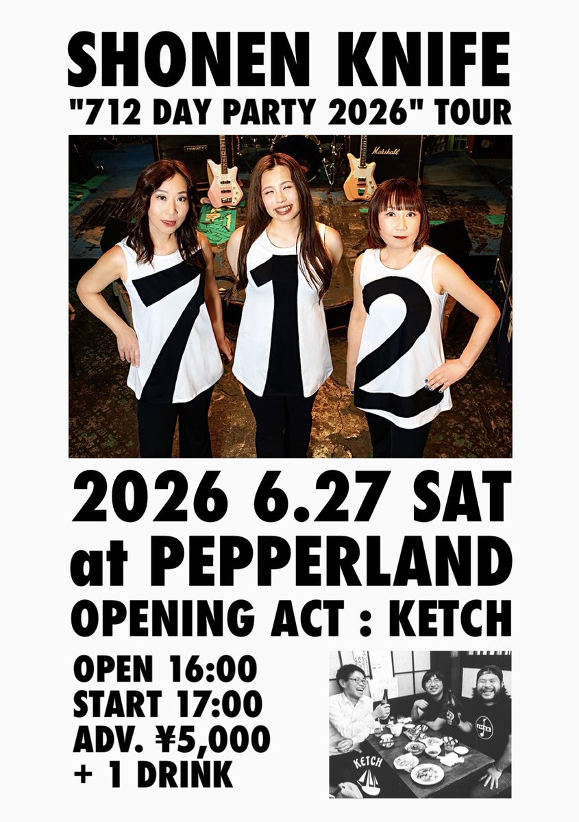 ishihara_kei's tweet photo. 大好きな少年ナイフのオープニングアクトをやらせていただけることに(12年ぶり4度目)😭ナイフの痛快爽快なライブバンドぶりを見に来てください🔥

少年ナイフ
"712 DAY PARTY 2026" TOUR
2026年6月27日(土)
at PEPPERLAND
o.a. KETCH

OPEN 16:00
START 17:00
ADV. ¥5,000 + 1 DRINK https://t.co/peyKgCgj0I