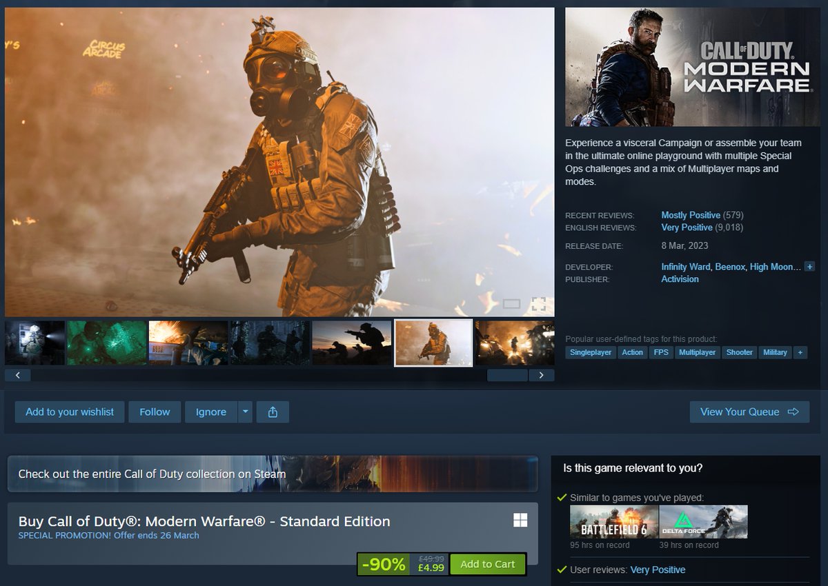GNGWarzone's tweet photo. Call of Duty: Modern Warfare (2019) is currently discounted by 90% on Steam. https://t.co/IllcRMPRoi