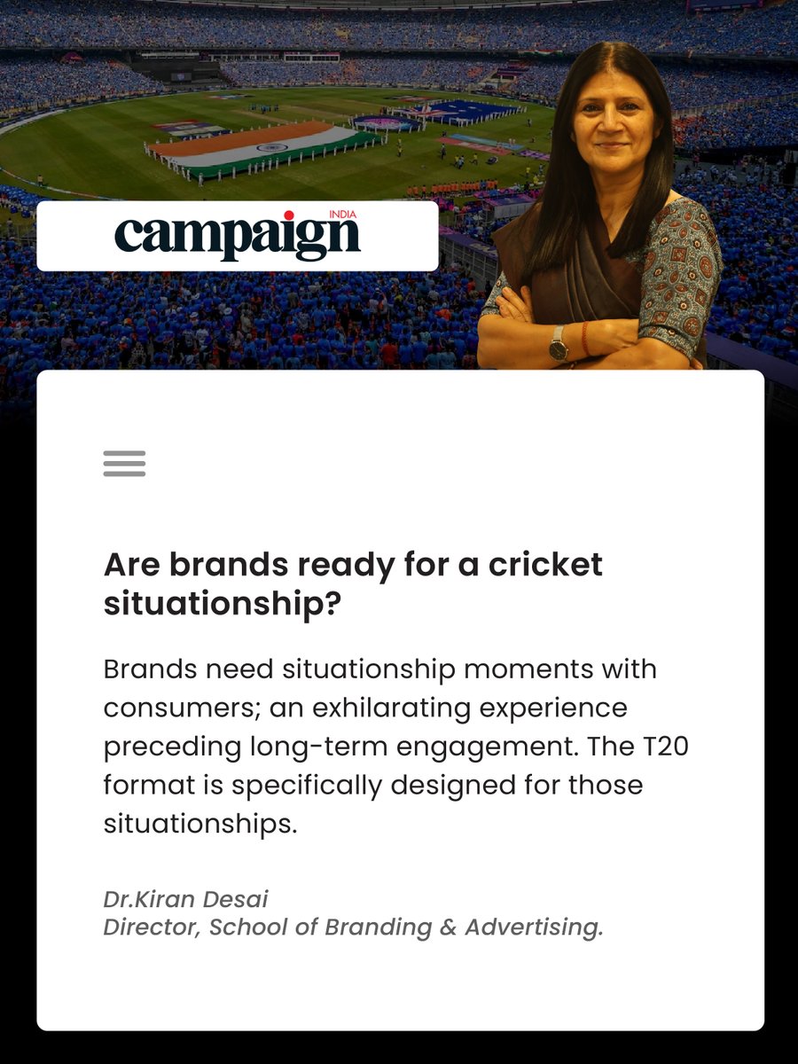 nmims_branding's tweet photo. What if T20 cricket is more than a format—it's a marketing moment? 

In Campaign India, Dr. Kiran Desai explores how T20 is reshaping brand engagement from micro-moments to immersive experiences.

Read More: https://t.co/GvlYRmgvLK https://t.co/tAeKp5JtJa