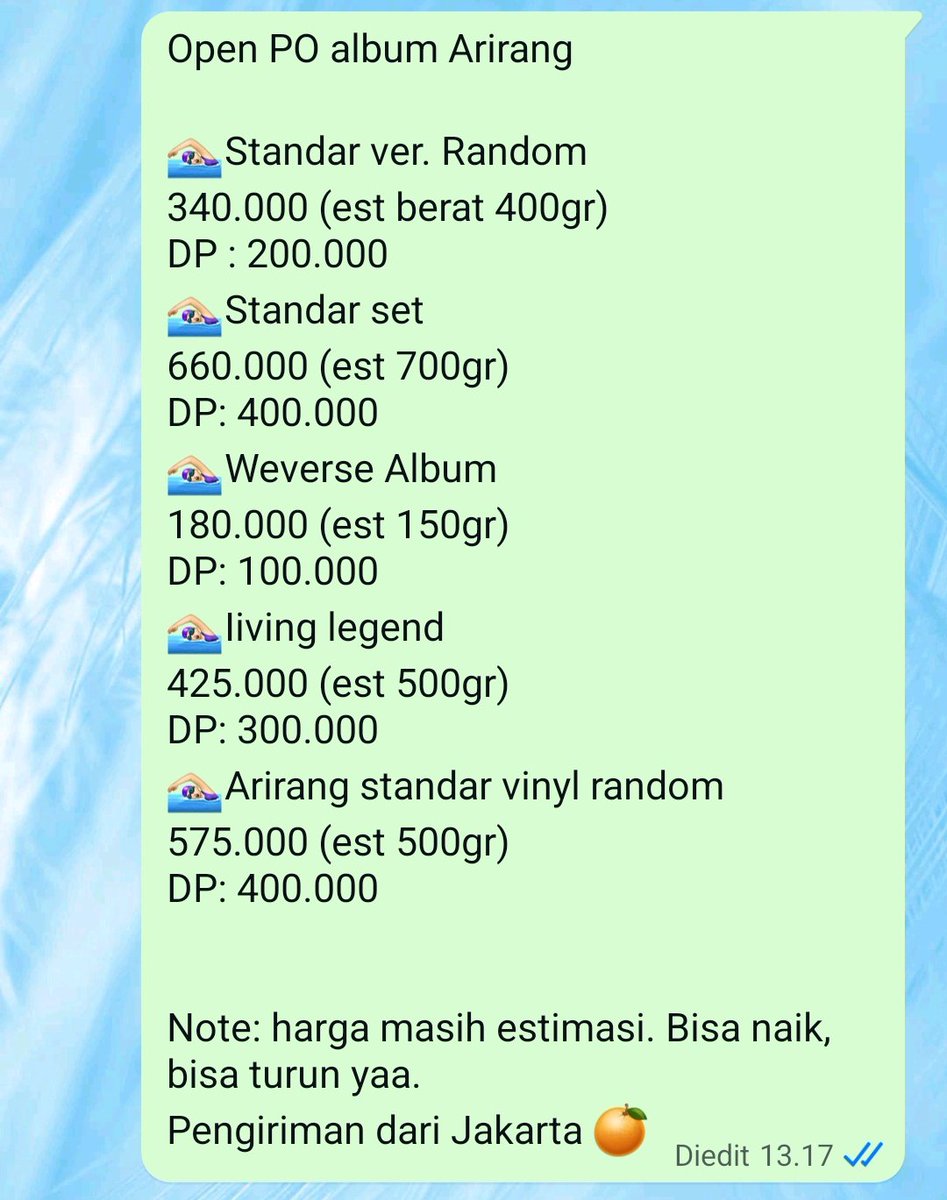 GAJOG_'s tweet photo. Open PO album Arirang

🏊🏻‍♀️Standar ver. Random
340.000 (est berat 400gr)
🏊🏻‍♀️Standar set
660.000 (est 700gr)
🏊🏻‍♀️Weverse Album
180.000 (est 150gr)
🏊🏻‍♀️Iiving legend
425.000 (est 500gr)
🏊🏻‍♀️Arirang standar vinyl random
575.000 (est 500gr)

Pengiriman dari Jakarta 🍊 https://t.co/cMT0junPy3