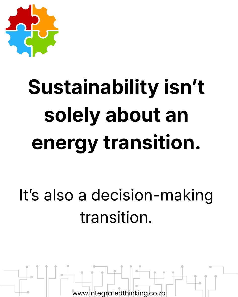 NamSaba's tweet photo. If we only change technologies, we risk keeping the same practices that created the problem...

The real issue lies in how organisations have normalised the use of resources, stakeholder engagement, and decision-making.

Real change requires a mindset shift, shaping how decisions are made, how teams operate, and how divisions work together.

For organisations that want their energy investment to drive transformative change, this shift must be supported by a mindset and culture change across the organisation.

Contact us at info@integratedthinking.co.za for ESG training for managers and employees that combines technical understanding with the mindset and culture shifts required to embed real, organisation-wide change , tailored to your organisation and its divisions.