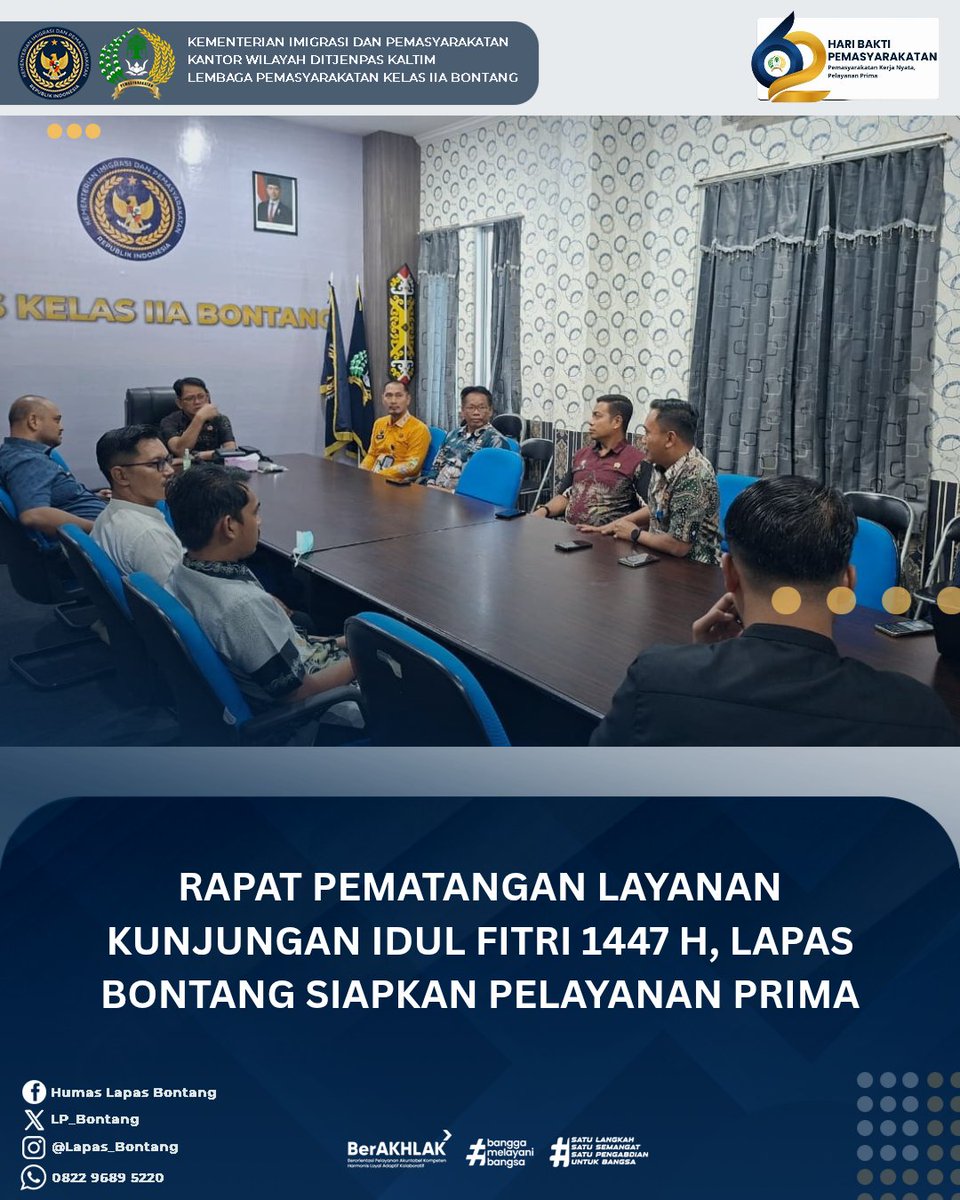 LP_Bontang's tweet image. RAPAT PEMATANGAN LAYANAN KUNJUNGAN IDUL FITRI 1447 H, LAPAS BONTANG SIAPKAN PELAYANAN PRIMA

#Kemenimipas
#GuardandGuide
#ImipasPrima
#Ditjenpas
#Pemasyarakatan