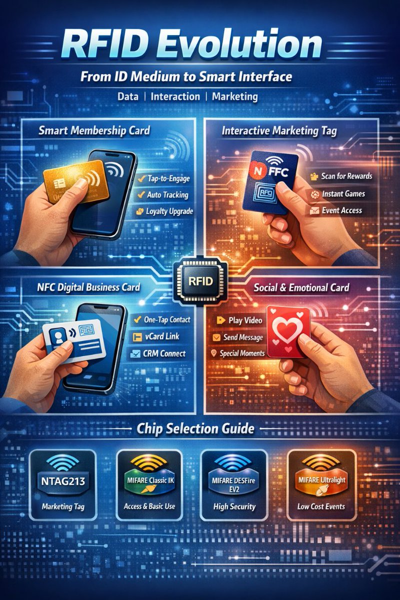 Xinyerfid's tweet image. NFC Digital Business Cards (ISO 14443 Type A) One-tap vCard + website + CRM sync Ditch paper forever — smarter networking
Emotional/Social NFC Cards: Higher-memory chips → trigger audio, personalized messages RFID = content delivery channel
#RFID #SmartCards #Digitalcardng #IoT