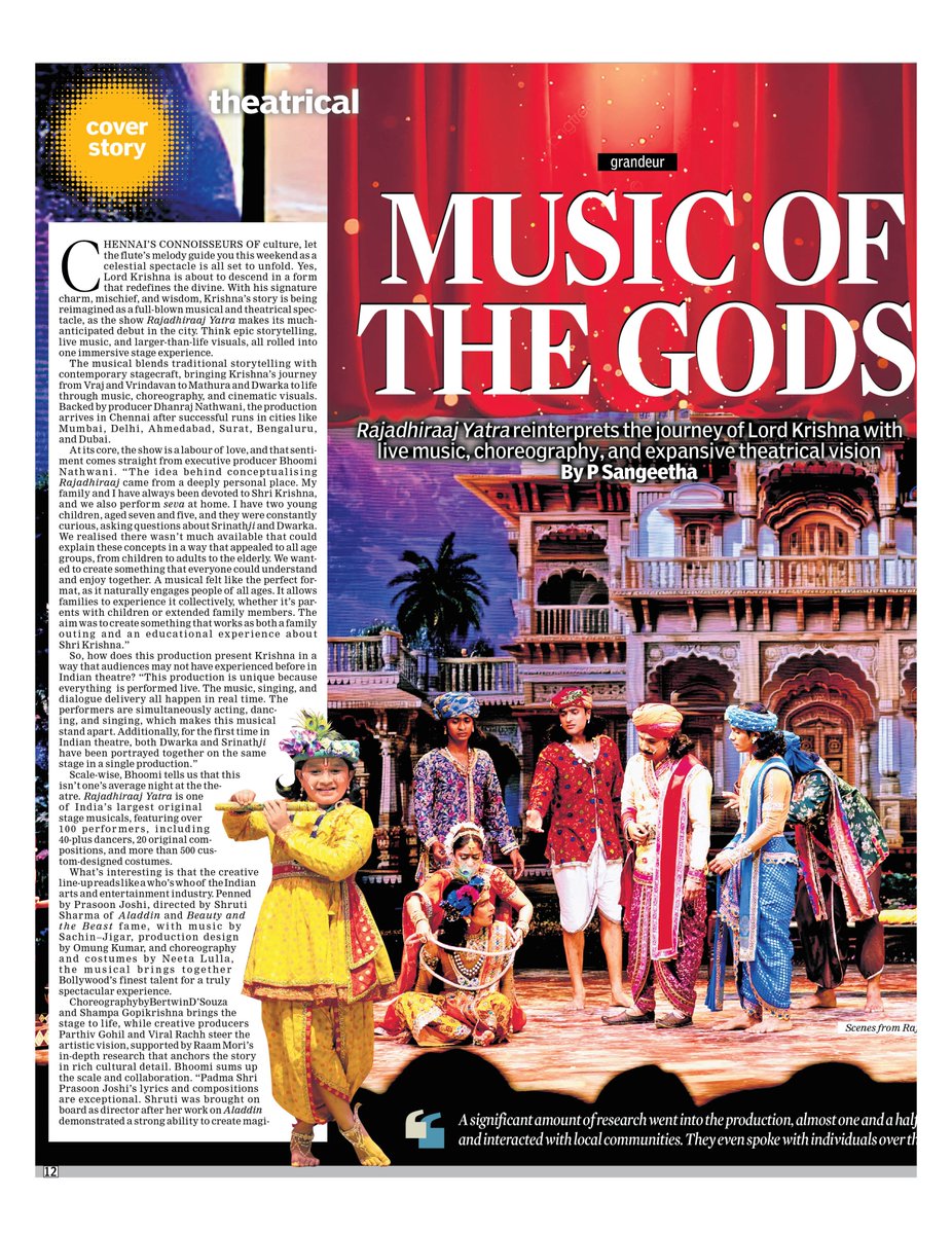 psangeetha2112's tweet photo. #RajadhiraajYatra, a mega musical on Lord Krishna will make its debut in Chennai next weekend. Penned by @prasoonjoshi_ , directed by #ShrutiSharma, music by @SachinJigarLive, production design by @OmungKumar, and costumes by @neeta_lulla 

https://t.co/EaDEOLsEvP https://t.co/BsnaXhI6z4