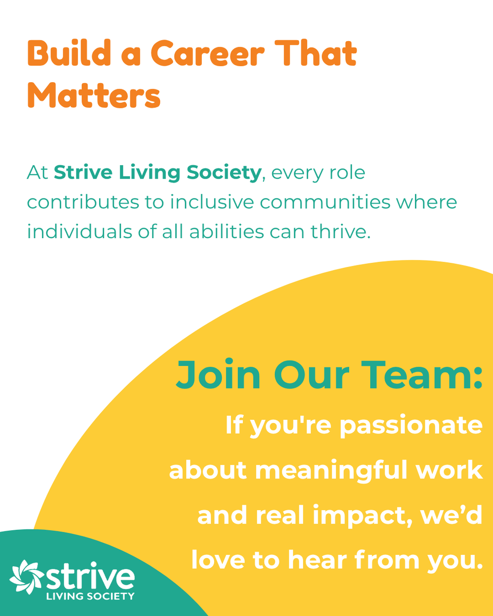 StriveLiving's tweet photo. 🌟 Build a Career That Matters

At Strive Living Society, every role helps create inclusive communities where individuals of diverse abilities can thrive. If you’re looking for meaningful work with real impact, we’d love to have you on our team.

https://t.co/cKyz27KeE0 https://t.co/Jko7UTs3Wm