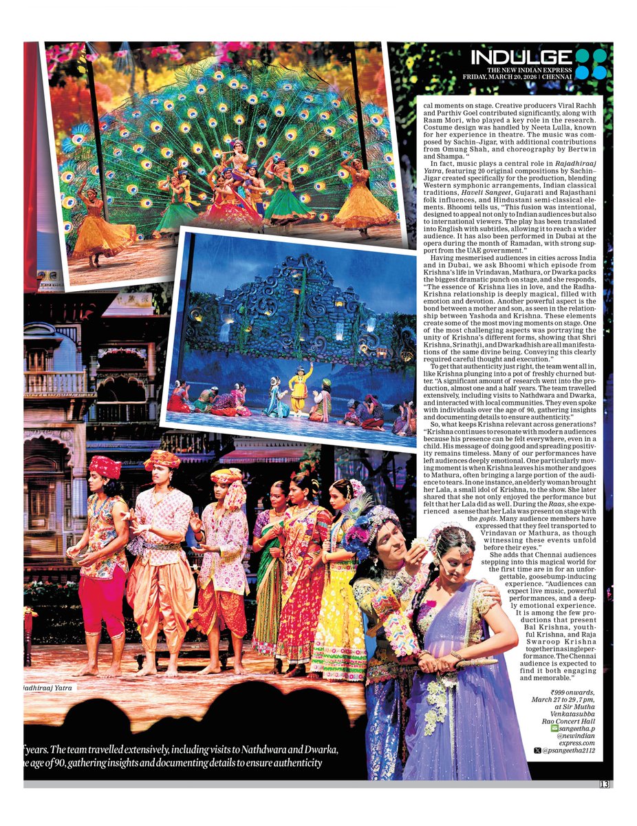 psangeetha2112's tweet photo. #RajadhiraajYatra, a mega musical on Lord Krishna will make its debut in Chennai next weekend. Penned by @prasoonjoshi_ , directed by #ShrutiSharma, music by @SachinJigarLive, production design by @OmungKumar, and costumes by @neeta_lulla 

https://t.co/EaDEOLsEvP https://t.co/BsnaXhI6z4